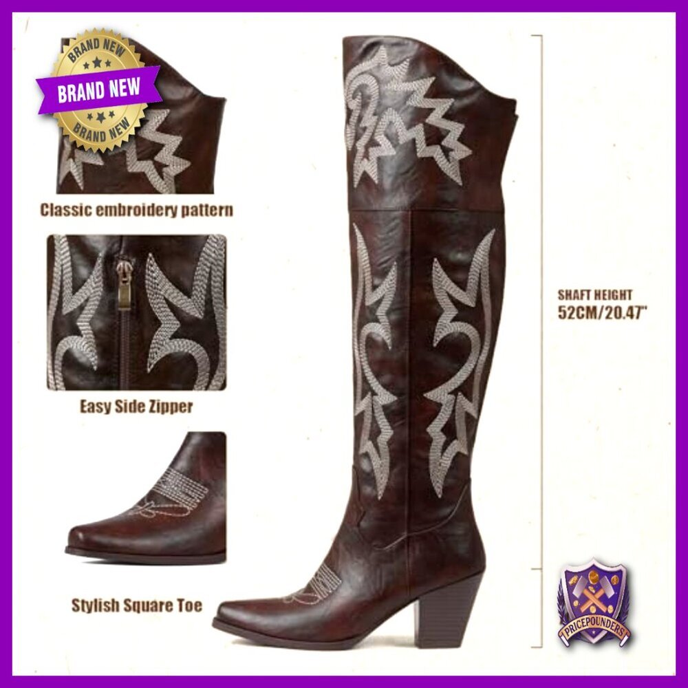 Over The Knee Cowboy Boots Pointed Toe Chunky Heel Embroidered Western - Picture 4 of 6
